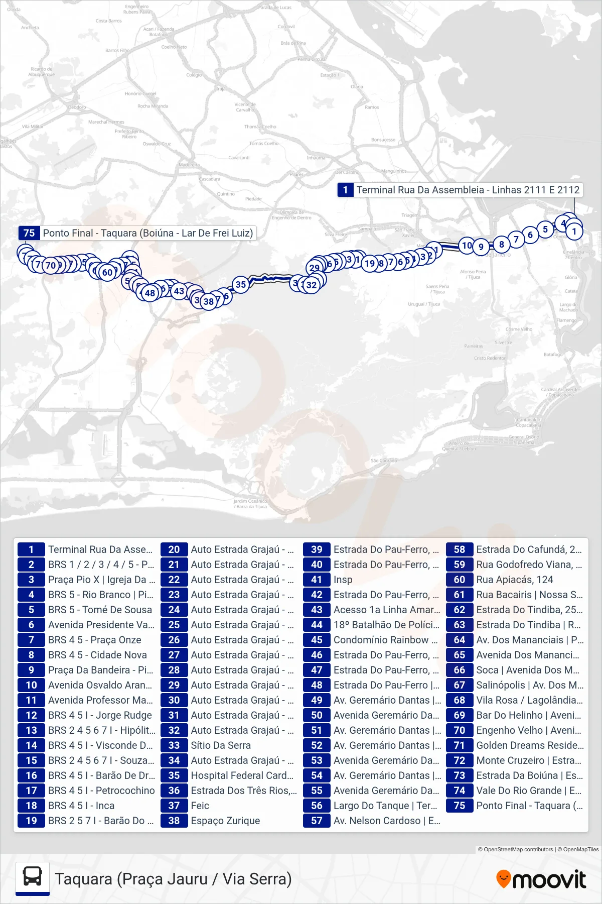 Rota e paradas da linha de ônibus 2112 (Taquara (Praça Jauru / Via Serra)) no mapa