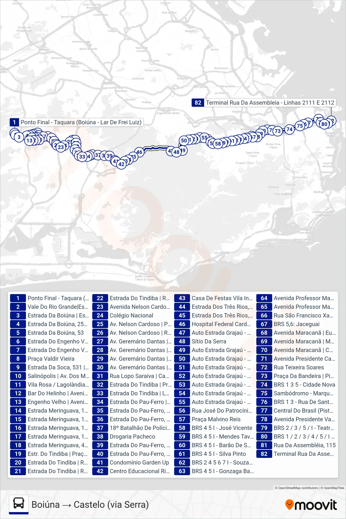 Rota e paradas da linha de ônibus 2112 (Boiúna → Castelo (via Serra)) no mapa