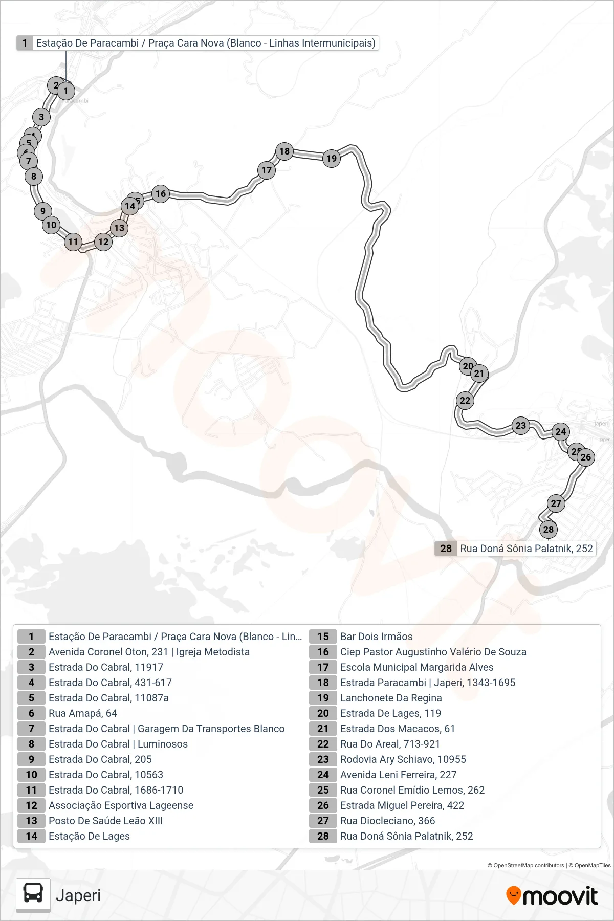 Rota e paradas da linha de ônibus 112 (Japeri) no mapa