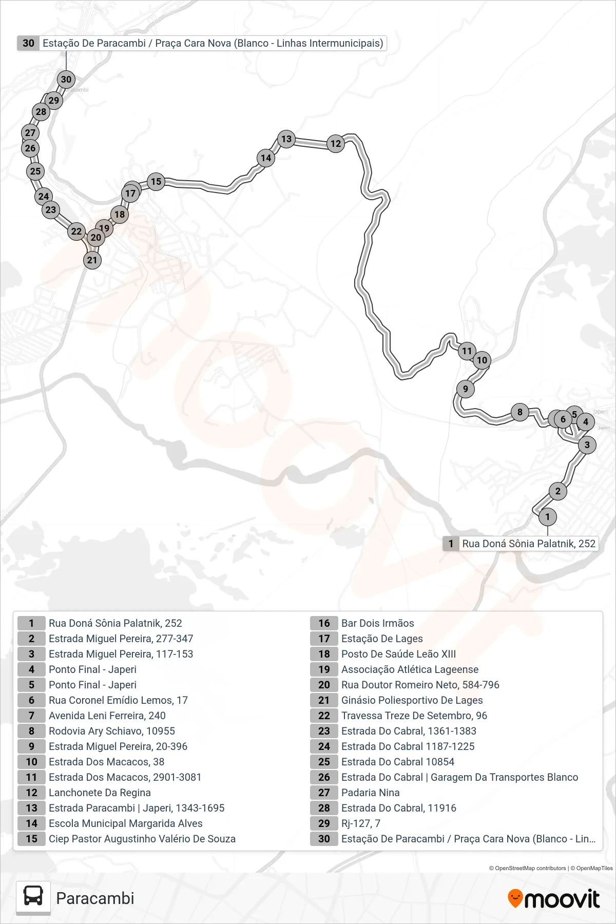 Rota e paradas da linha de ônibus 112 (Paracambi) no mapa