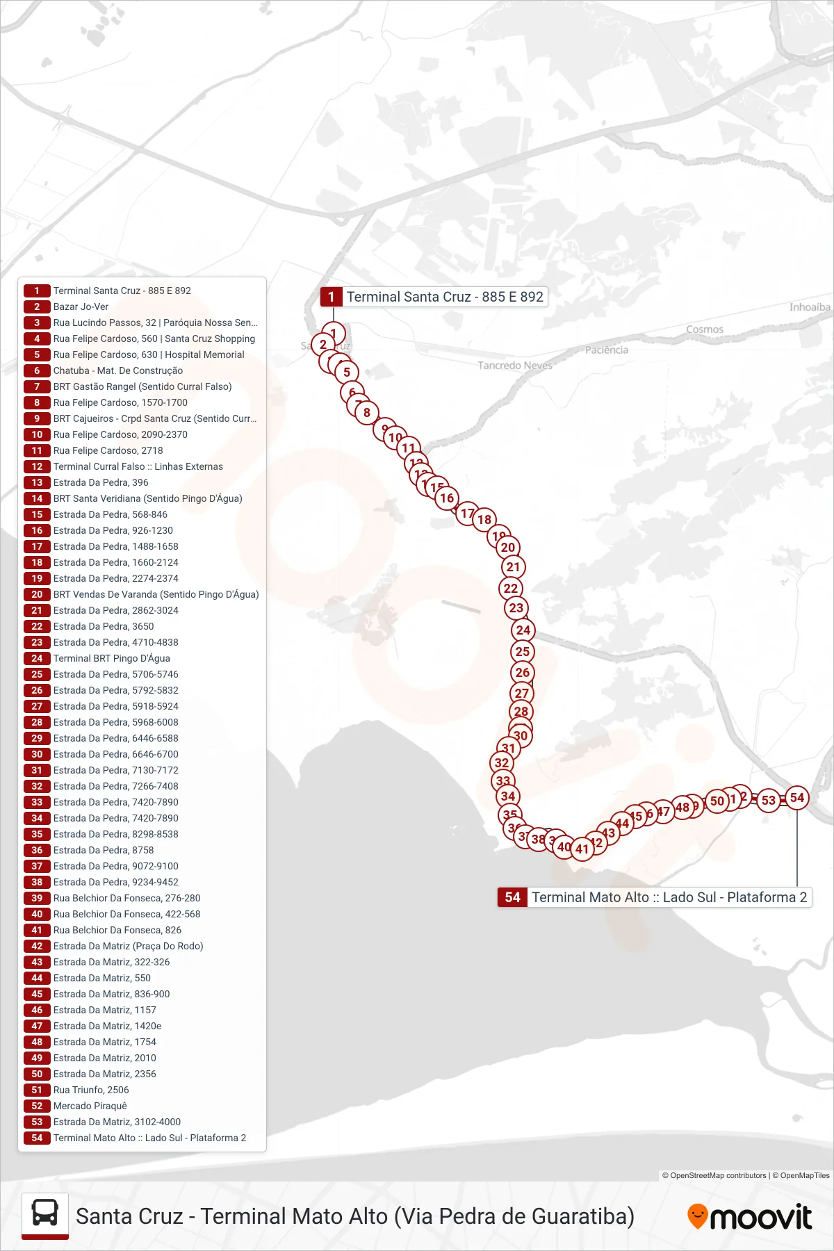 Rota e paradas da linha de ônibus 885 (Mato Alto) no mapa