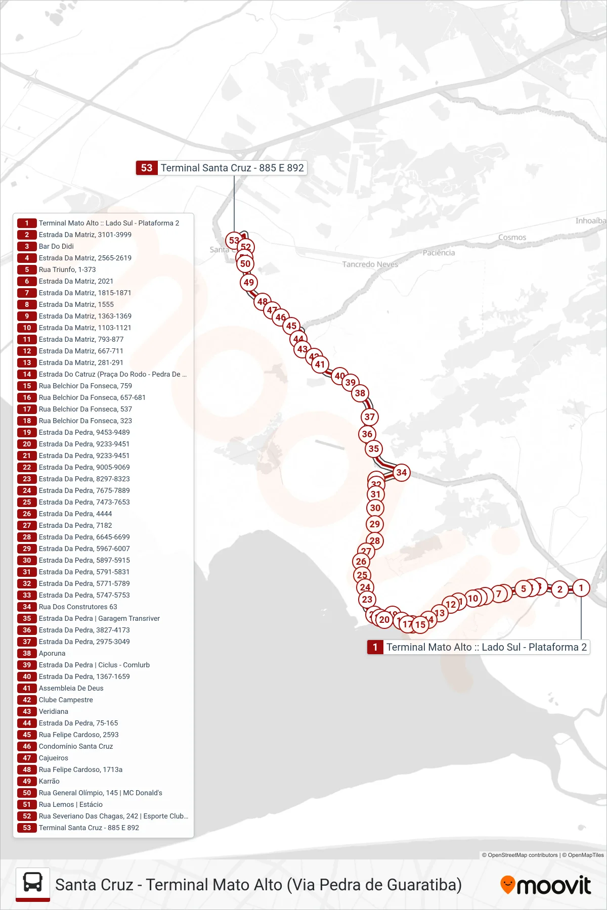 Rota e paradas da linha de ônibus 885 (Santa Cruz) no mapa