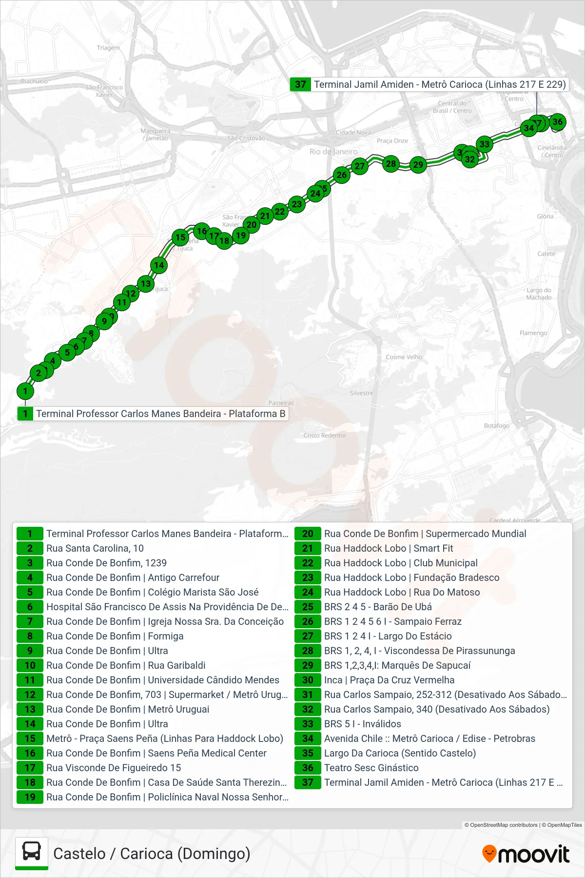 Rota e paradas da linha de ônibus 229 (Castelo / Carioca (Domingo)) no mapa