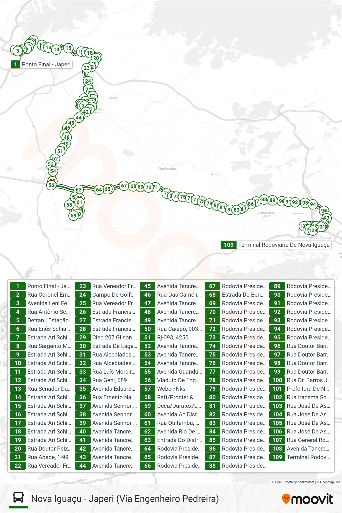 180 bus Line (Nova Iguaçu) route and stops on a map