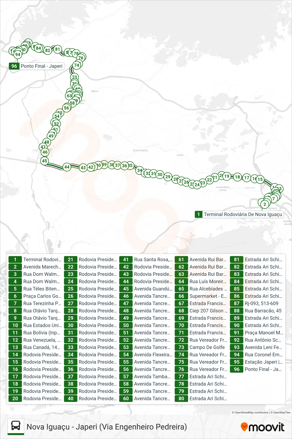 Rota e paradas da linha de ônibus 180 (Japeri) no mapa