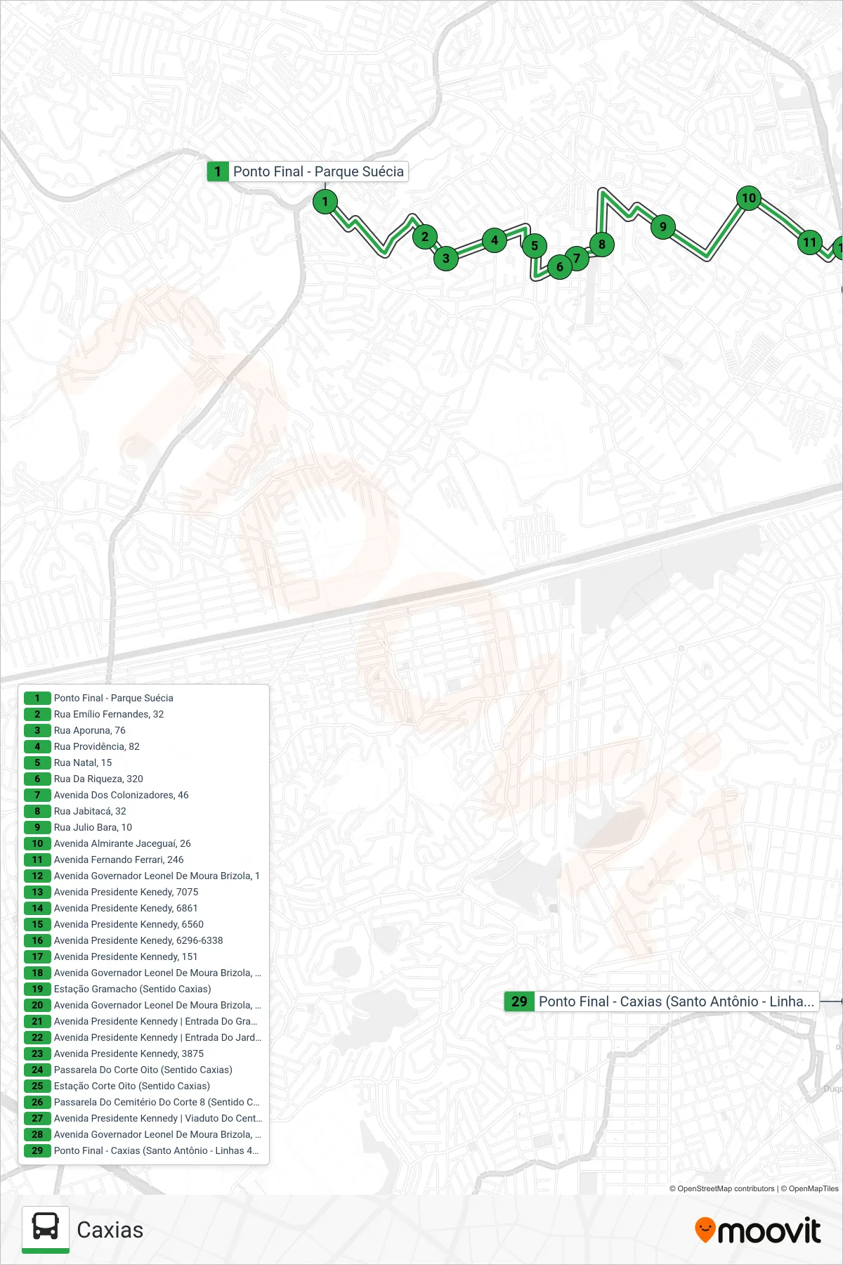 Rota e paradas da linha de ônibus 418 (Caxias) no mapa