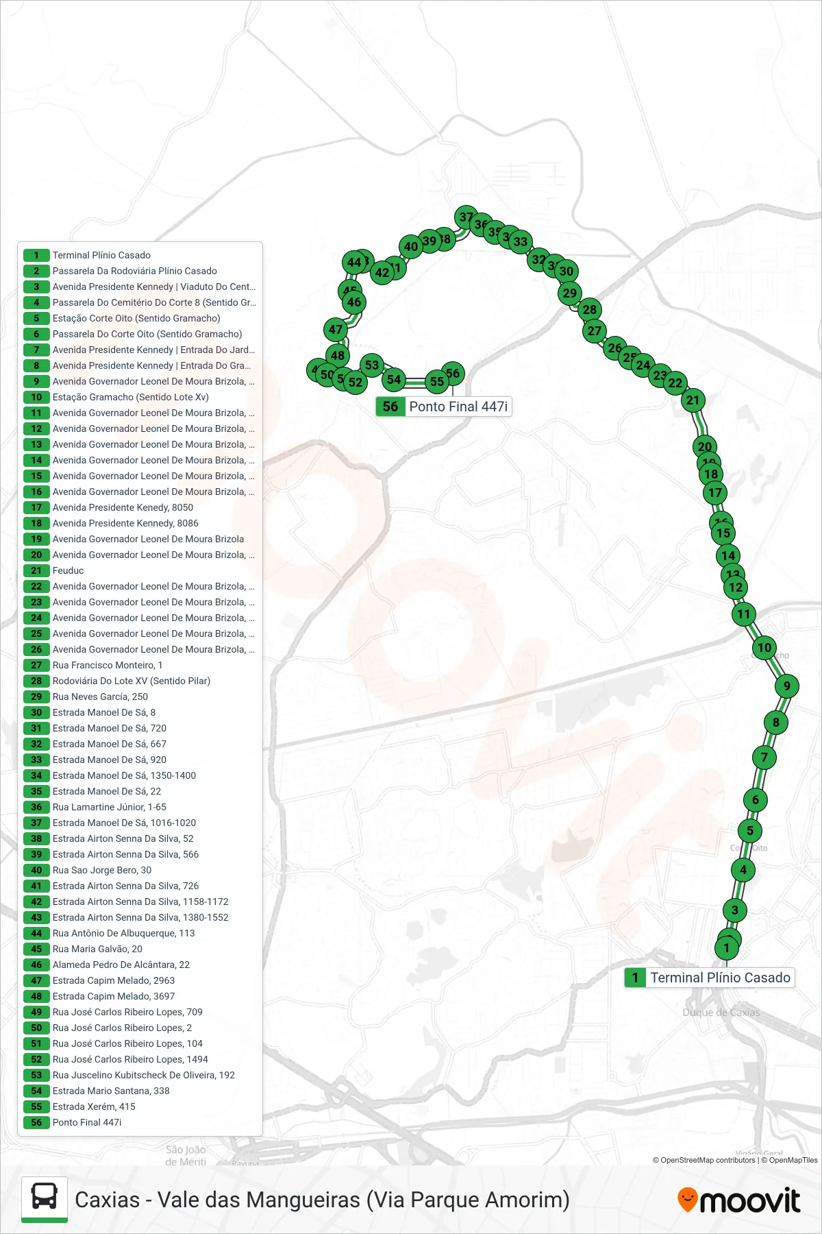 Rota e paradas da linha de ônibus 447 (Vale Das Mangueiras) no mapa