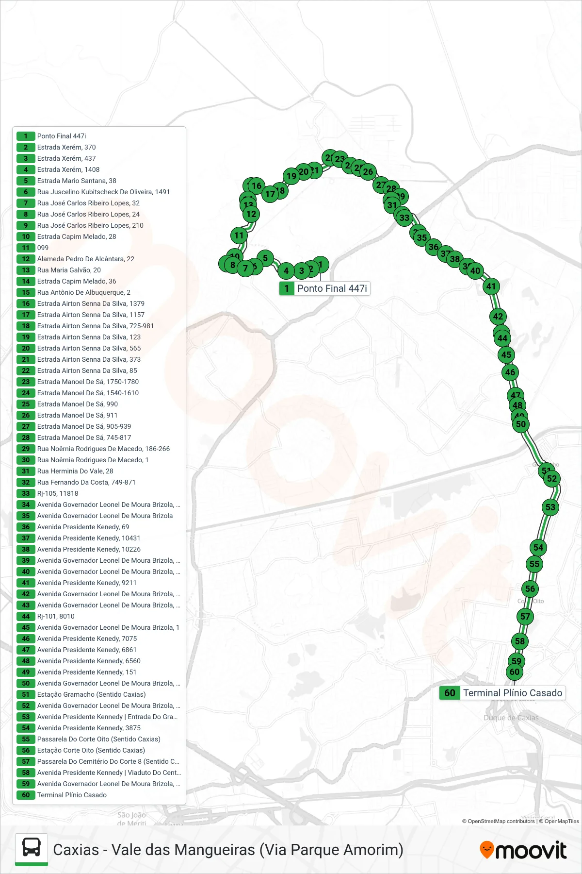 Rota e paradas da linha de ônibus 447 (Caxias) no mapa