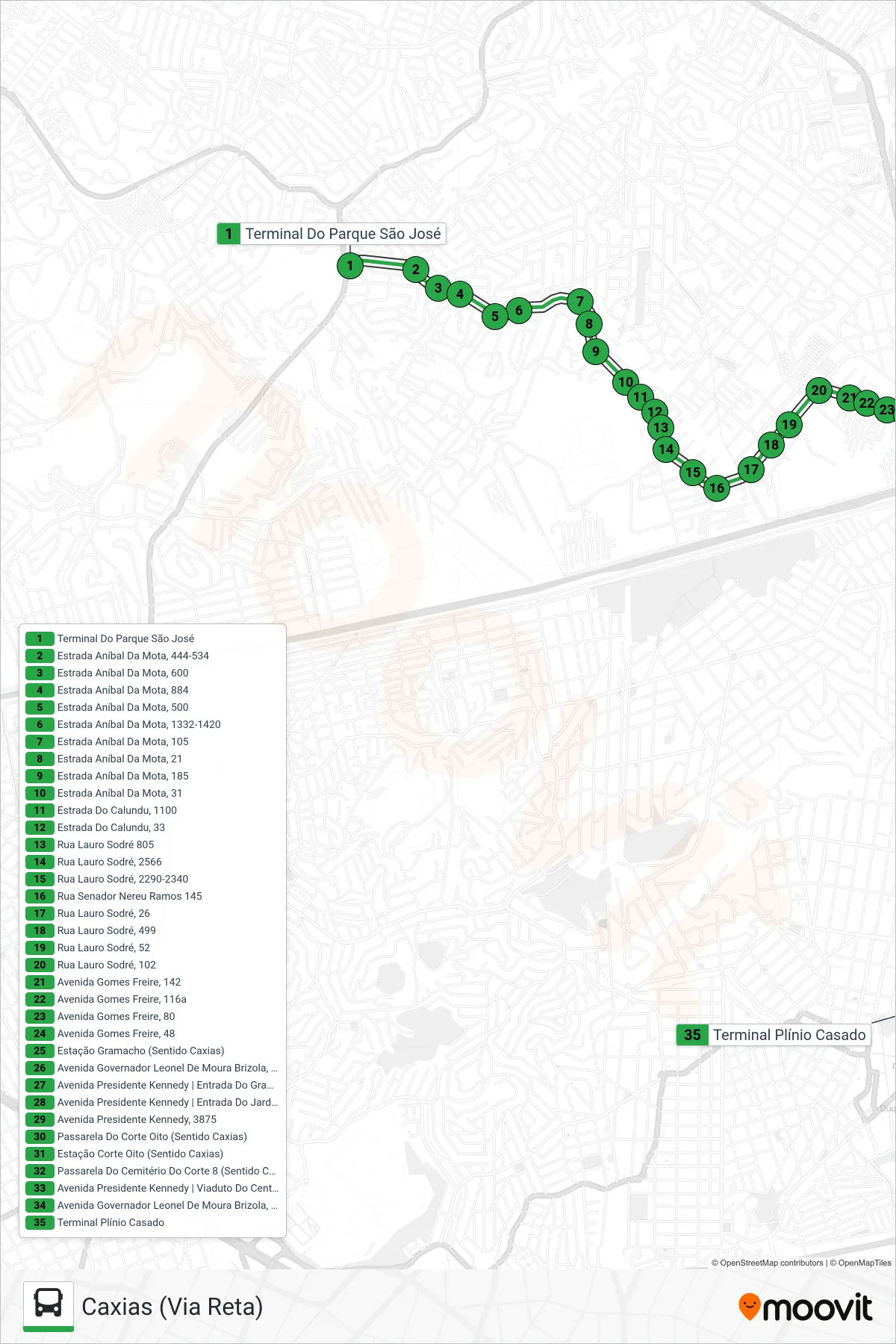 Rota e paradas da linha de ônibus 499 (Caxias (Via Reta)) no mapa