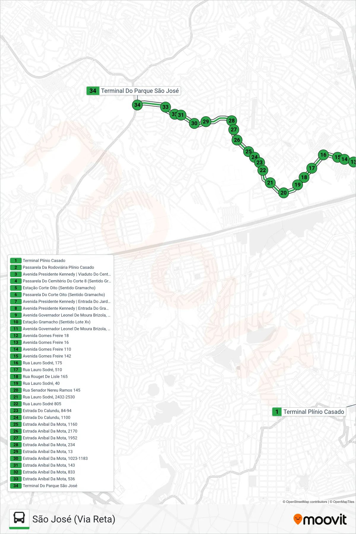 Rota e paradas da linha de ônibus 499 (São José (Via Reta)) no mapa