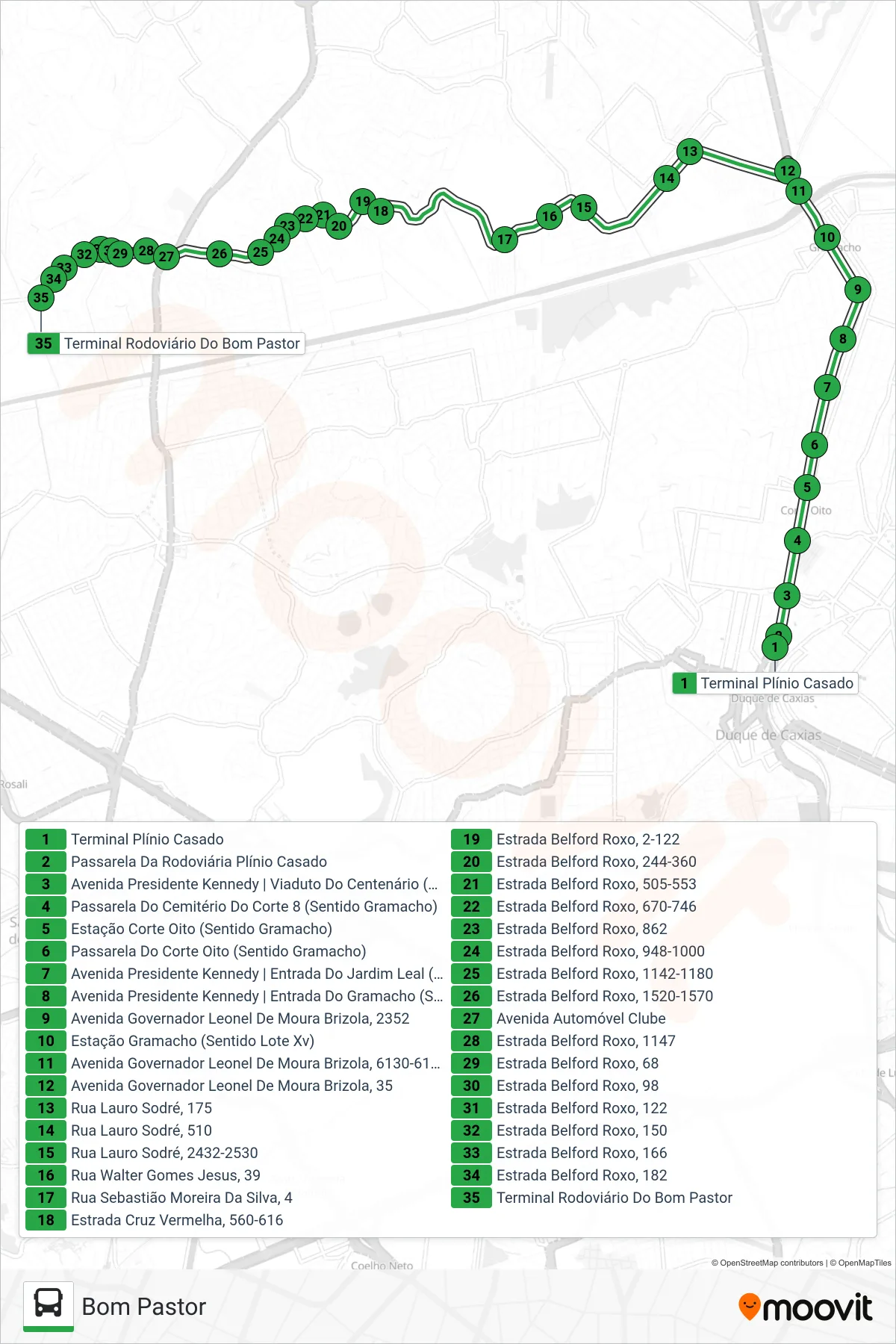 Rota e paradas da linha de ônibus 501 (Bom Pastor) no mapa