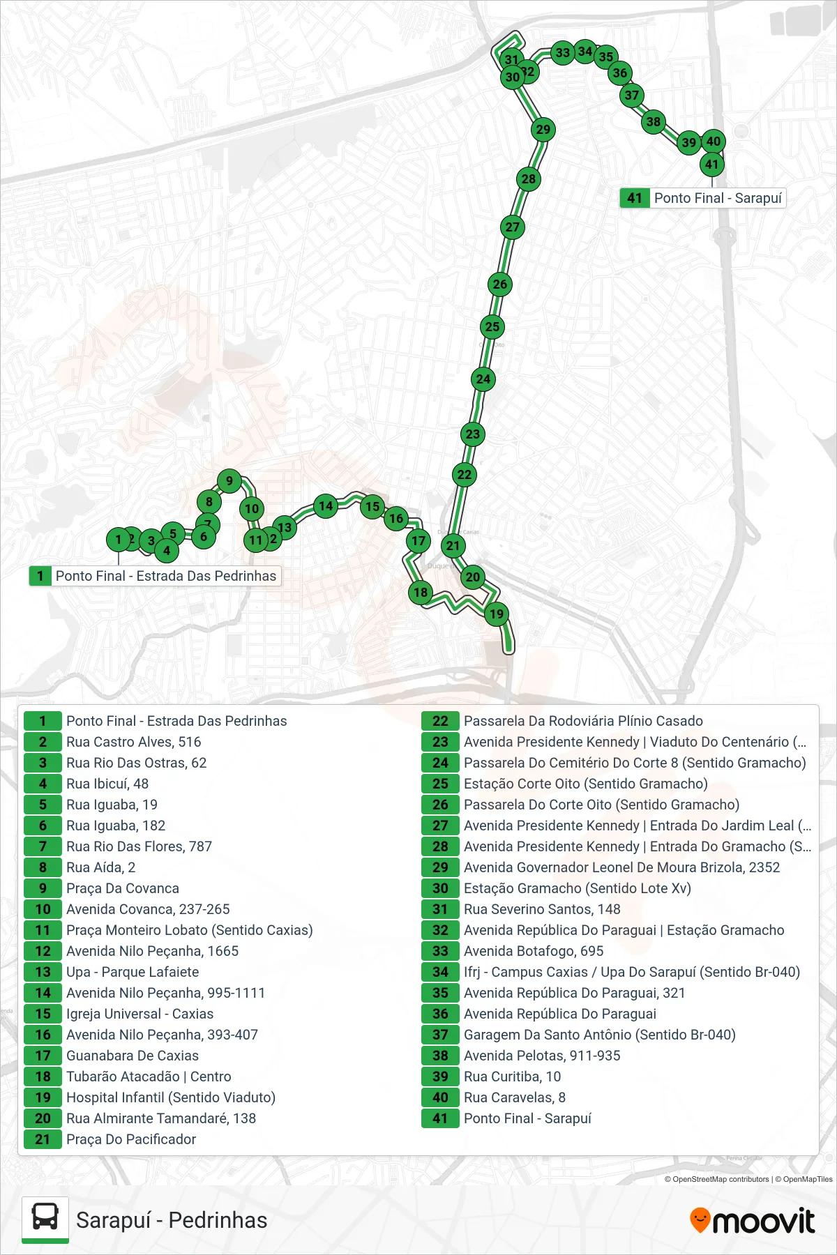 Rota e paradas da linha de ônibus 726 (Sarapuí) no mapa