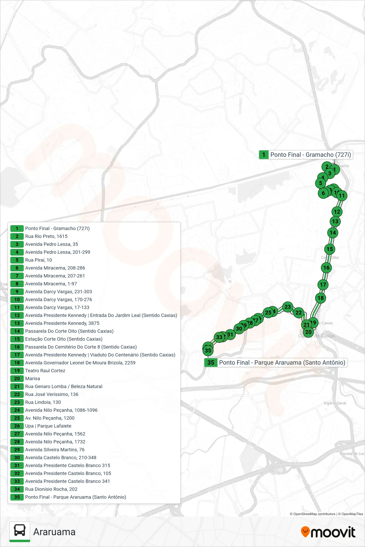 Rota e paradas da linha de ônibus 727 (Araruama) no mapa