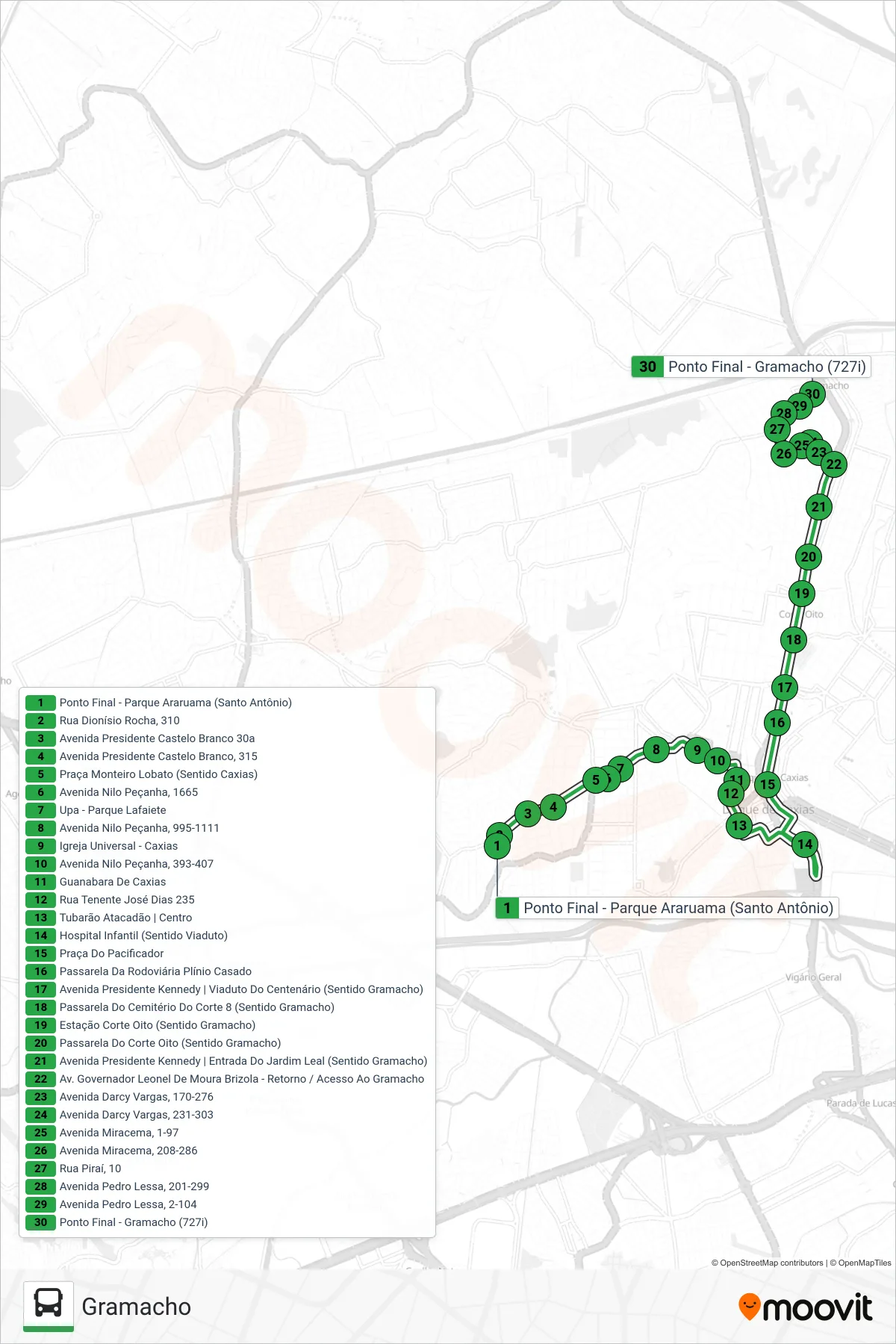 Rota e paradas da linha de ônibus 727 (Gramacho) no mapa
