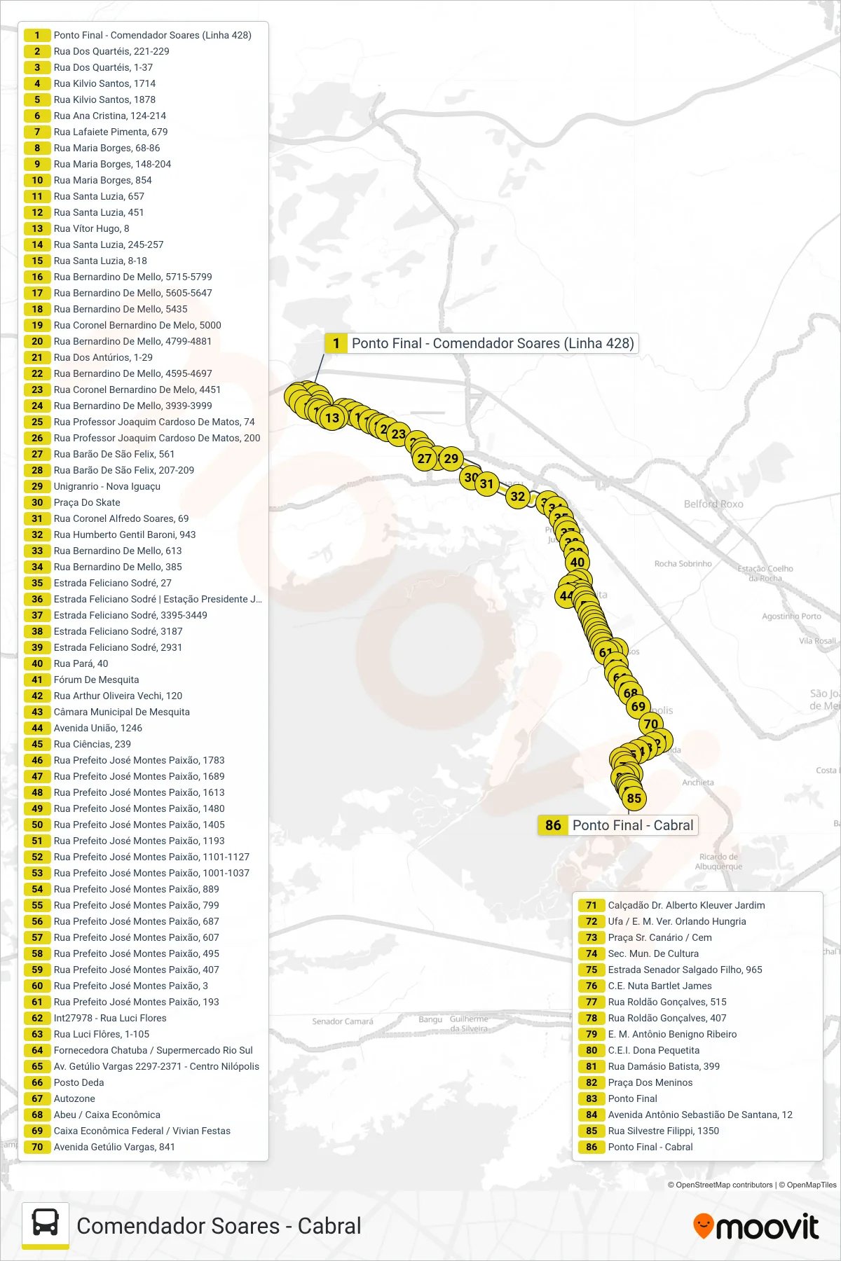 Rota e paradas da linha de ônibus 428 (Cabral) no mapa