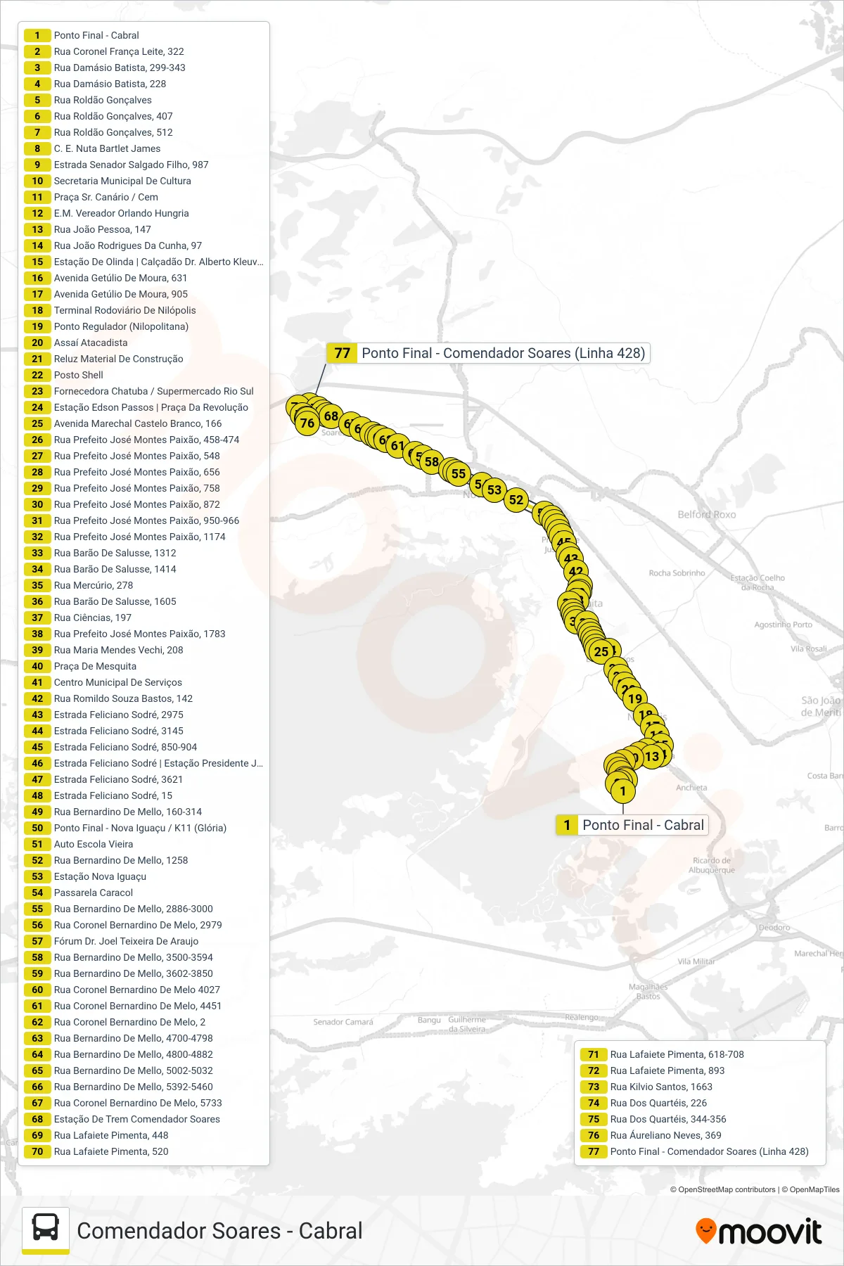Rota e paradas da linha de ônibus 428 (Comendador Soares) no mapa