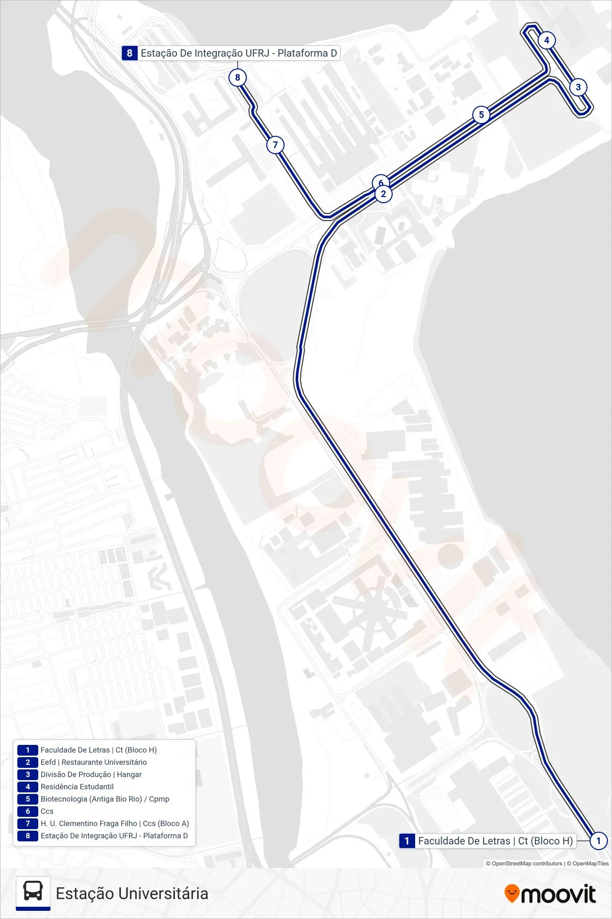 Rota e paradas da linha de ônibus 5 (Estação Universitária) no mapa