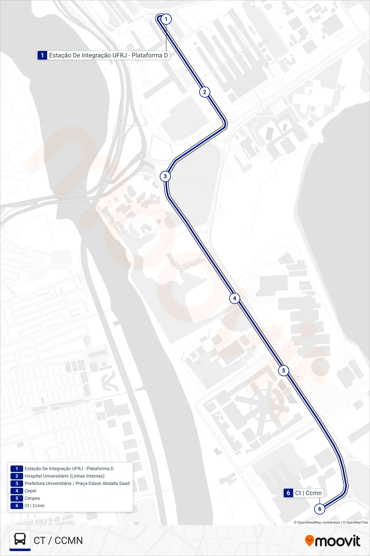 Rota e paradas da linha de ônibus 5 (CT / CCMN) no mapa