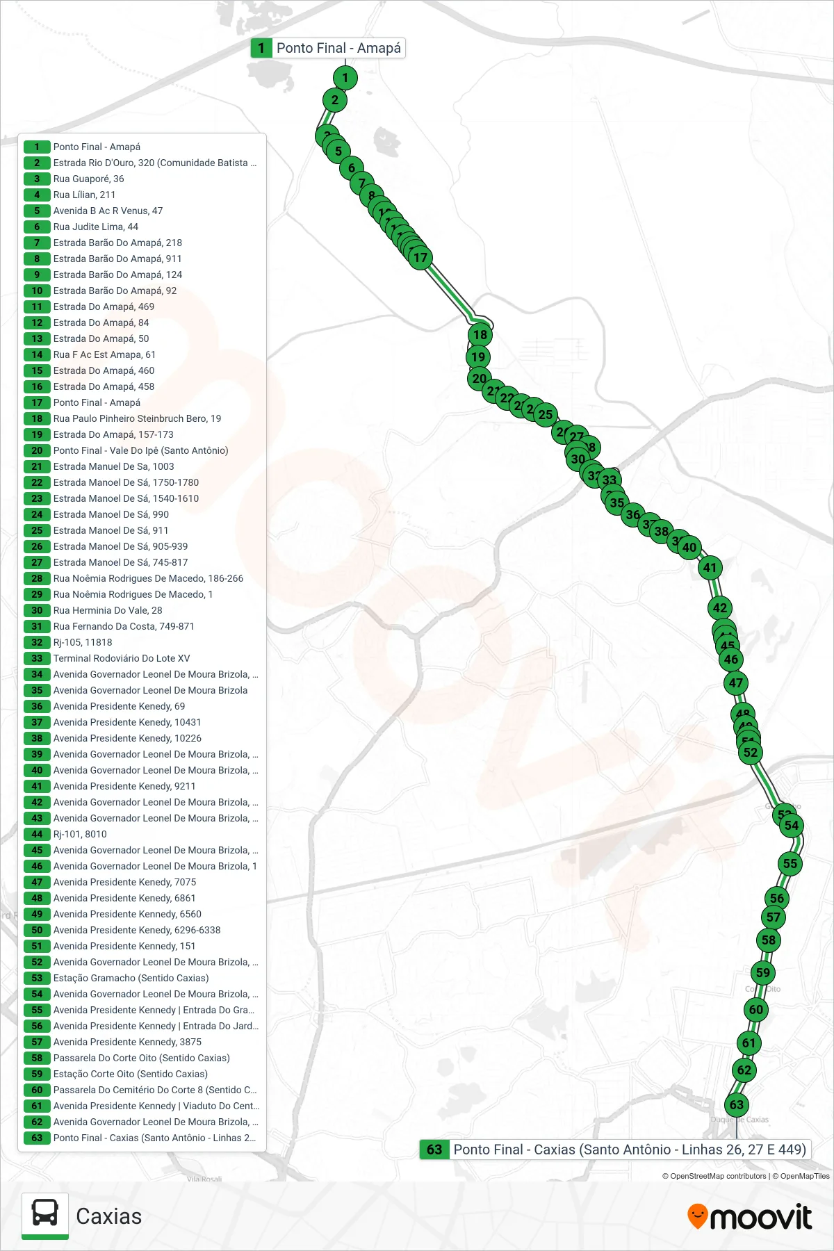Rota e paradas da linha de ônibus 449 (Caxias) no mapa