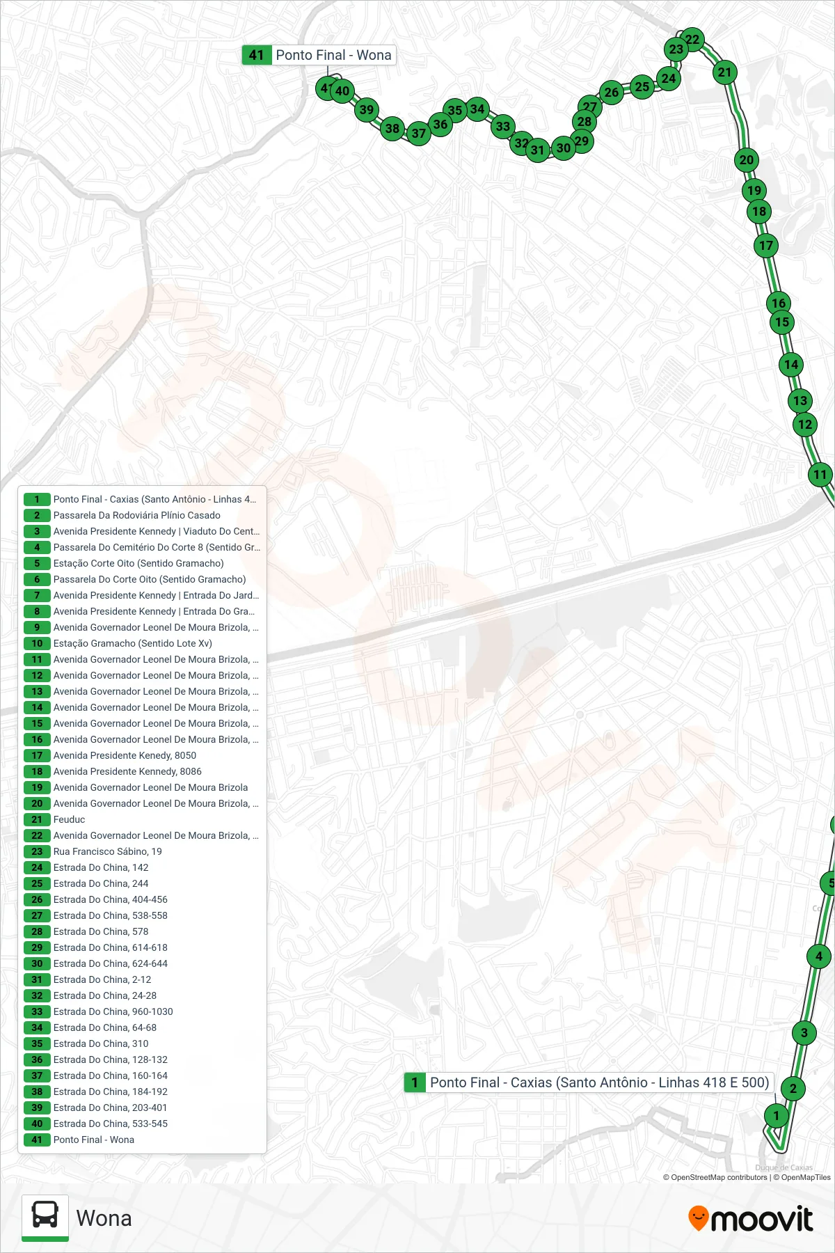 Rota e paradas da linha de ônibus 500 (Wona) no mapa