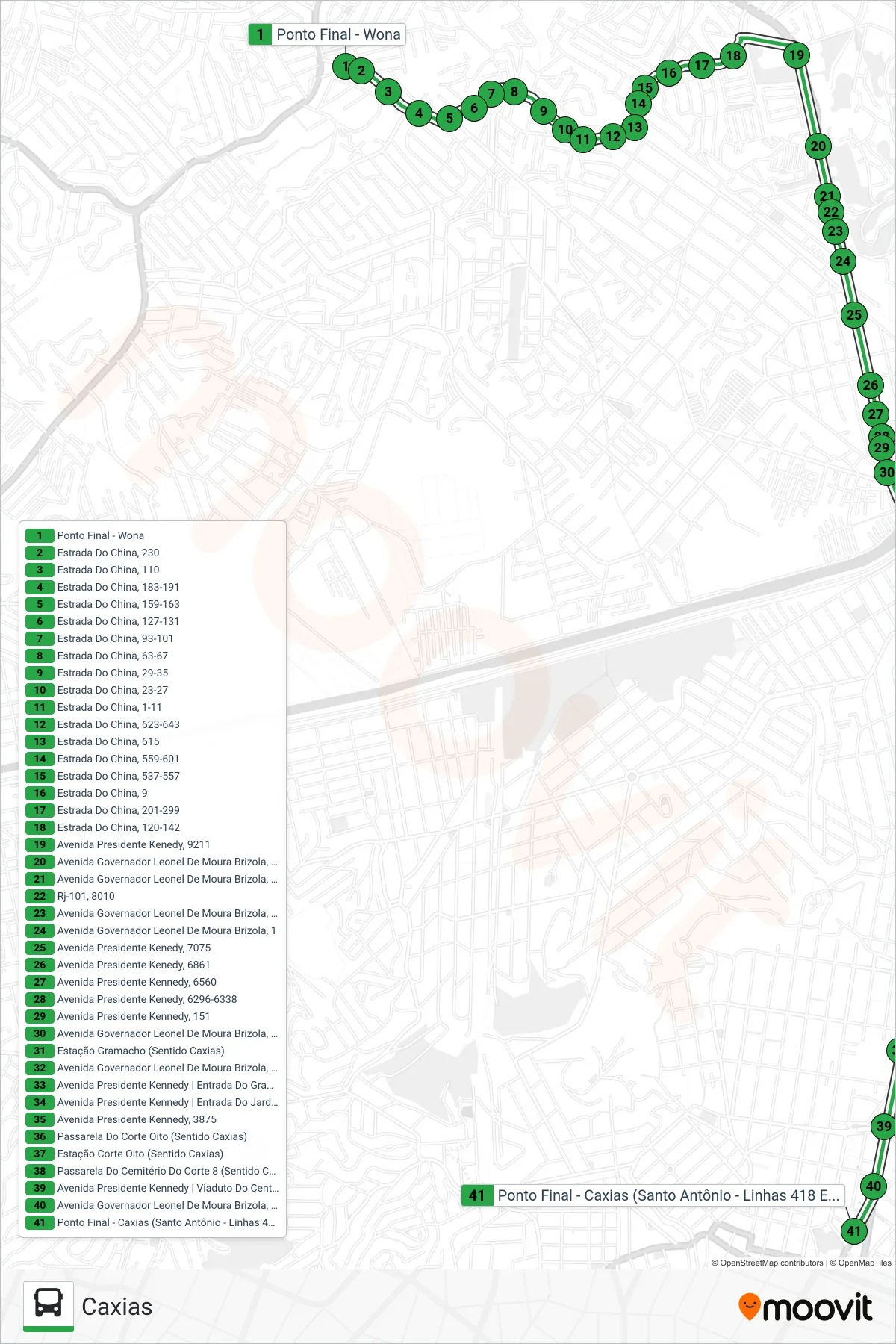 Rota e paradas da linha de ônibus 500 (Caxias) no mapa