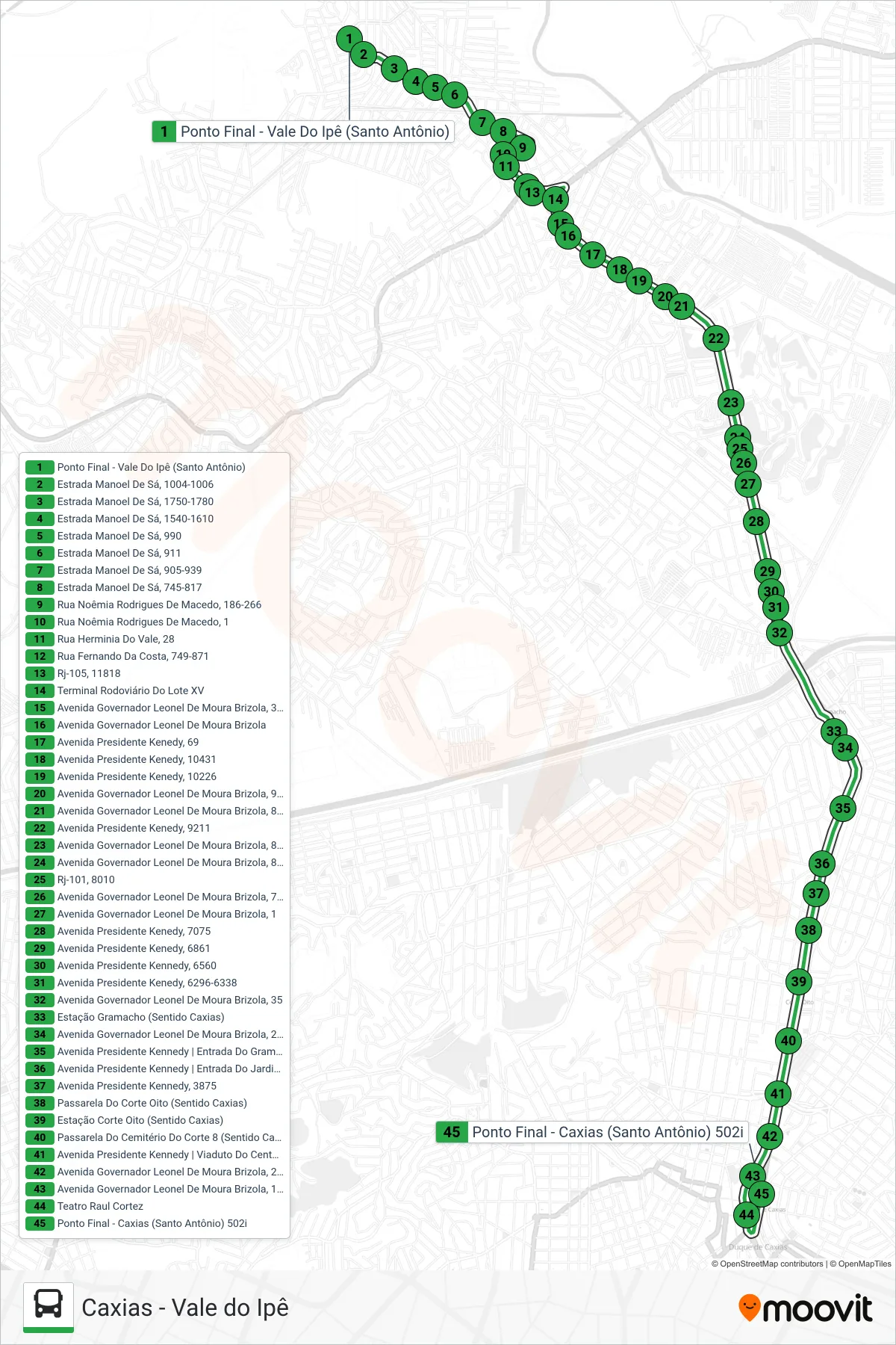 Rota e paradas da linha de ônibus 502 (Caxias) no mapa