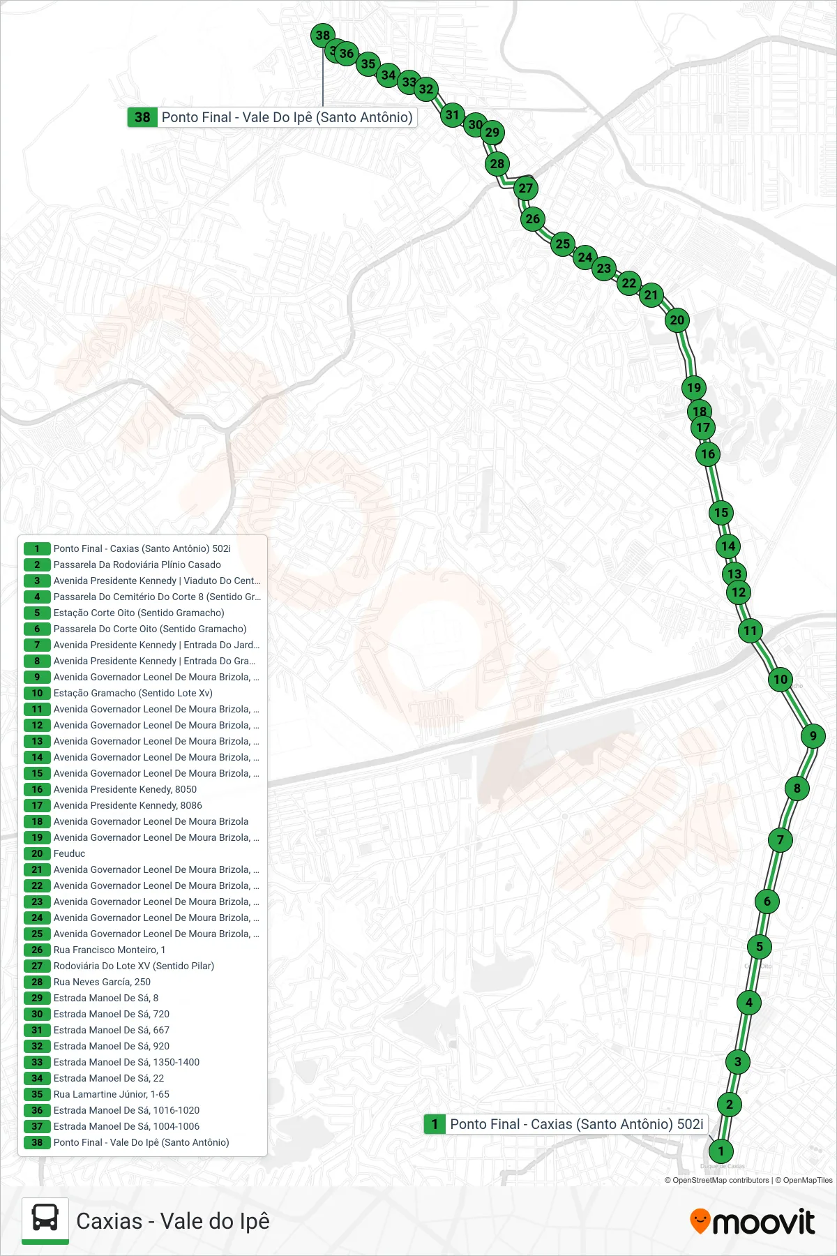 Rota e paradas da linha de ônibus 502 (Vale Do Ipê) no mapa
