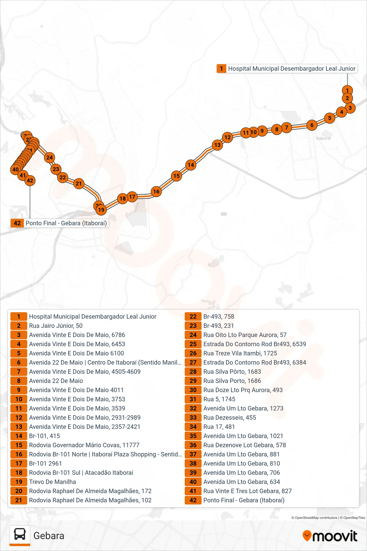 Rota e paradas da linha de ônibus 66 (Gebara) no mapa
