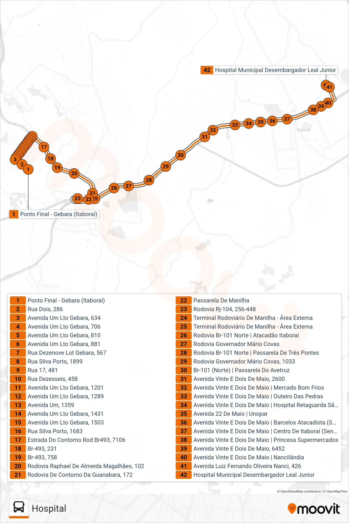 Rota e paradas da linha de ônibus 66 (Hospital) no mapa