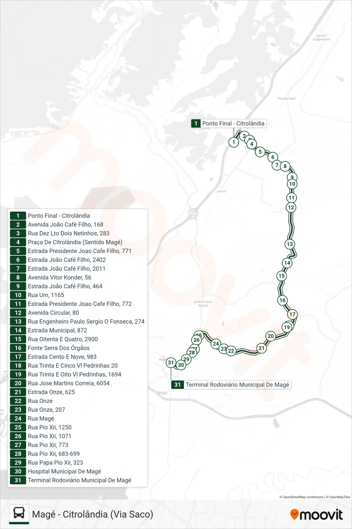 Rota e paradas da linha de ônibus 1043 (Magé) no mapa
