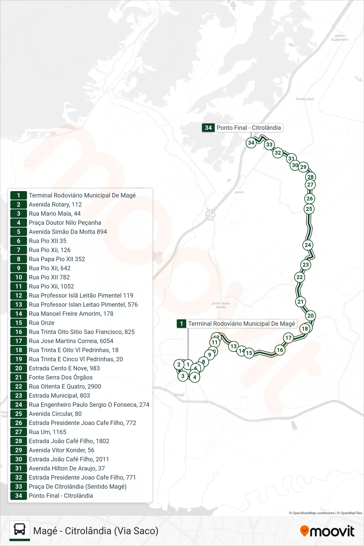 Rota e paradas da linha de ônibus 1043 (Citrolândia) no mapa