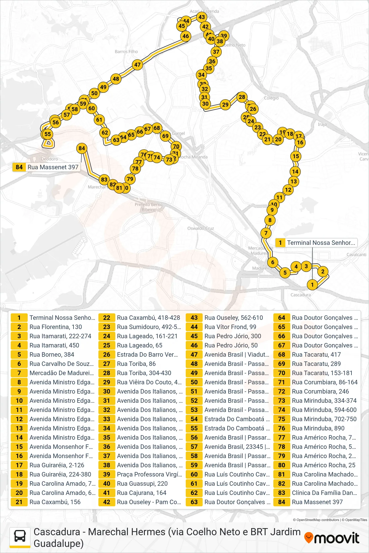 Rota e paradas da linha de ônibus  785  (Marechal Hermes) no mapa