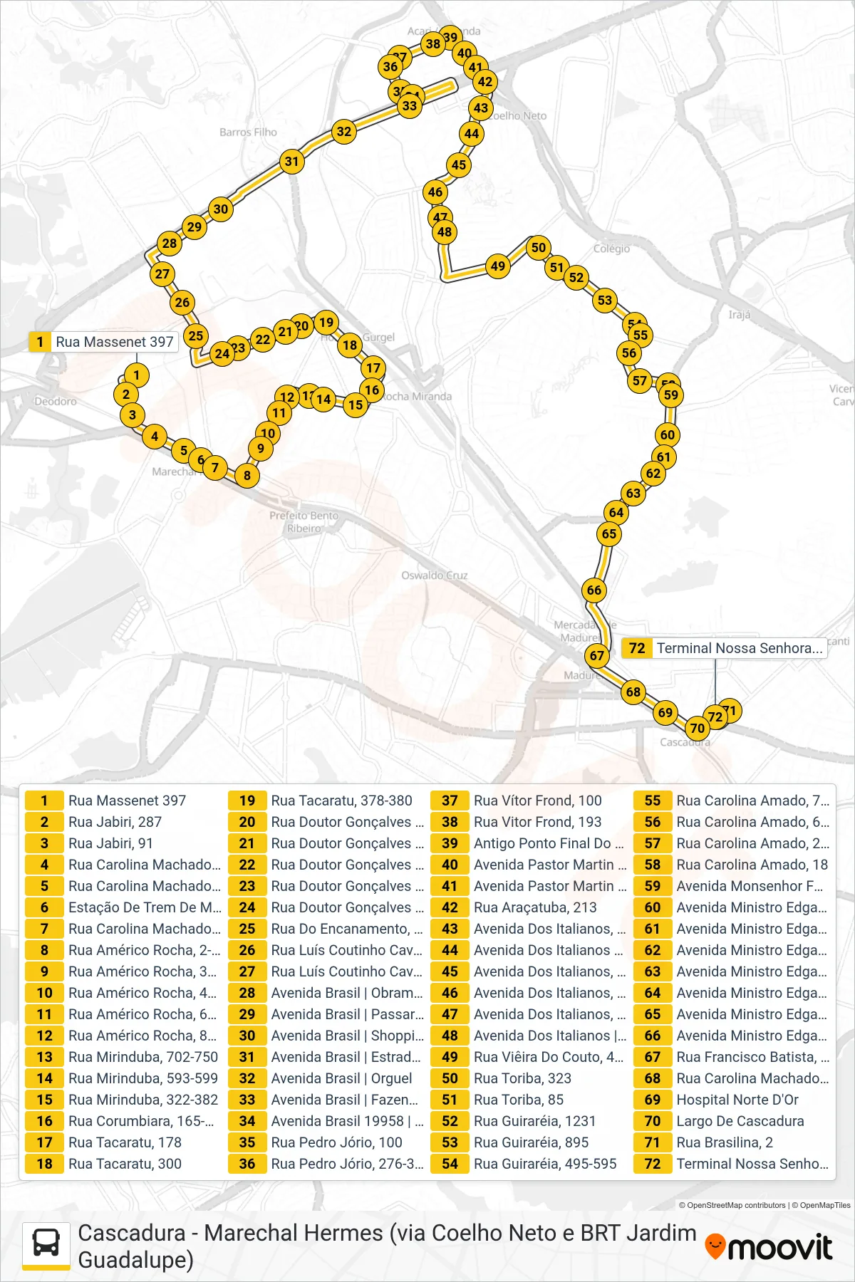 Rota e paradas da linha de ônibus  785  (Cascadura) no mapa
