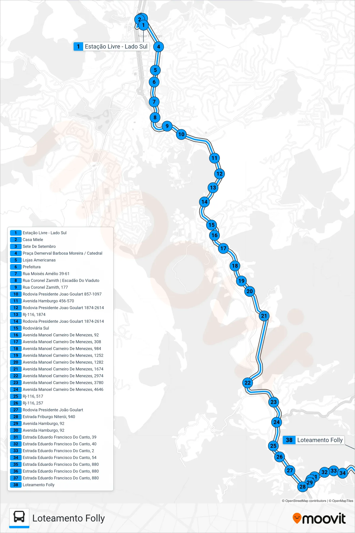 Rota e paradas da linha de ônibus 40-B (Loteamento Folly) no mapa
