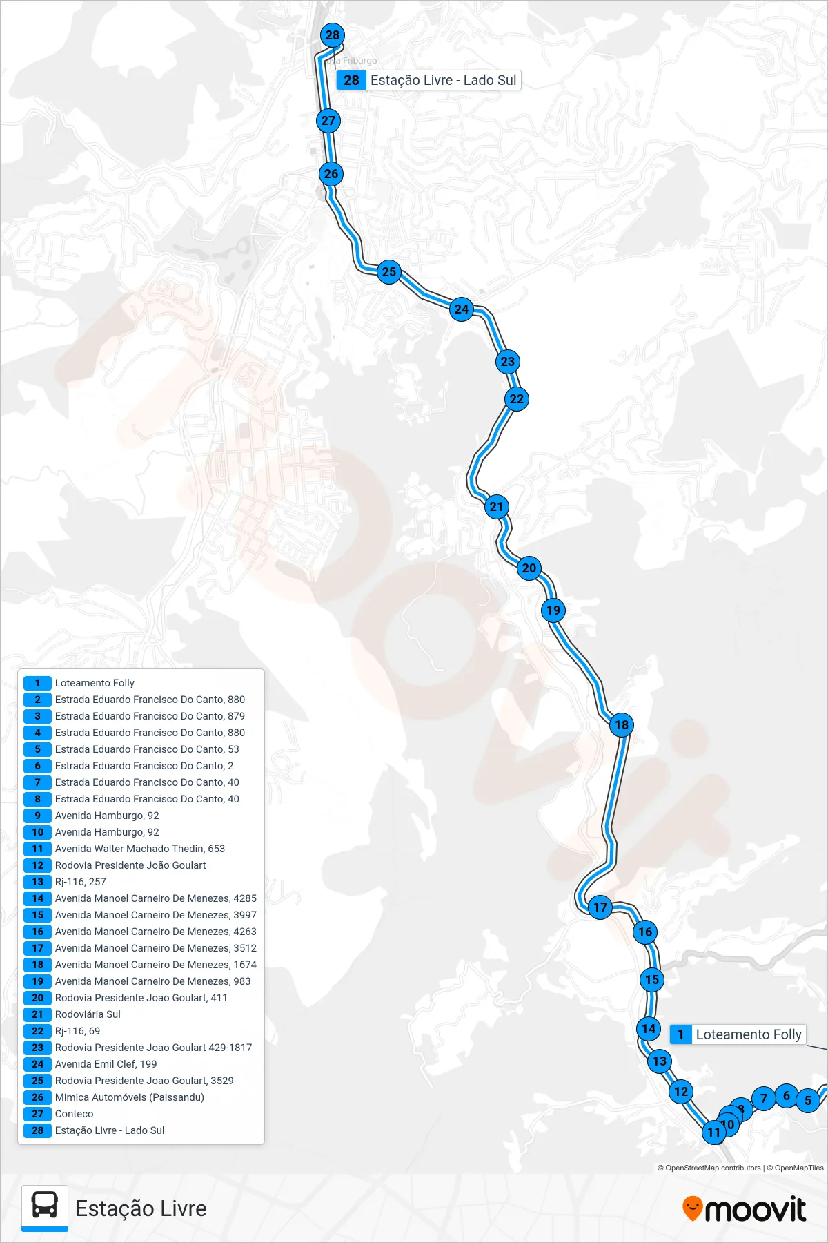 Rota e paradas da linha de ônibus 40-B (Estação Livre) no mapa