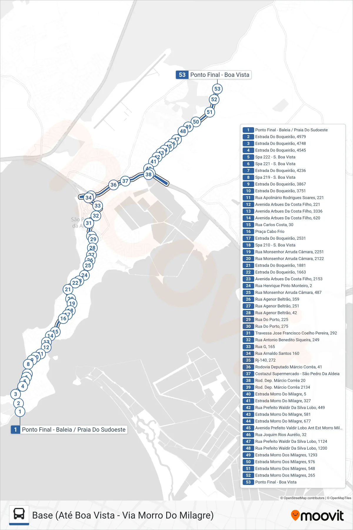 Rota e paradas da linha de ônibus 501 (Base (Até Boa Vista - Via Morro Do Milagre)) no mapa