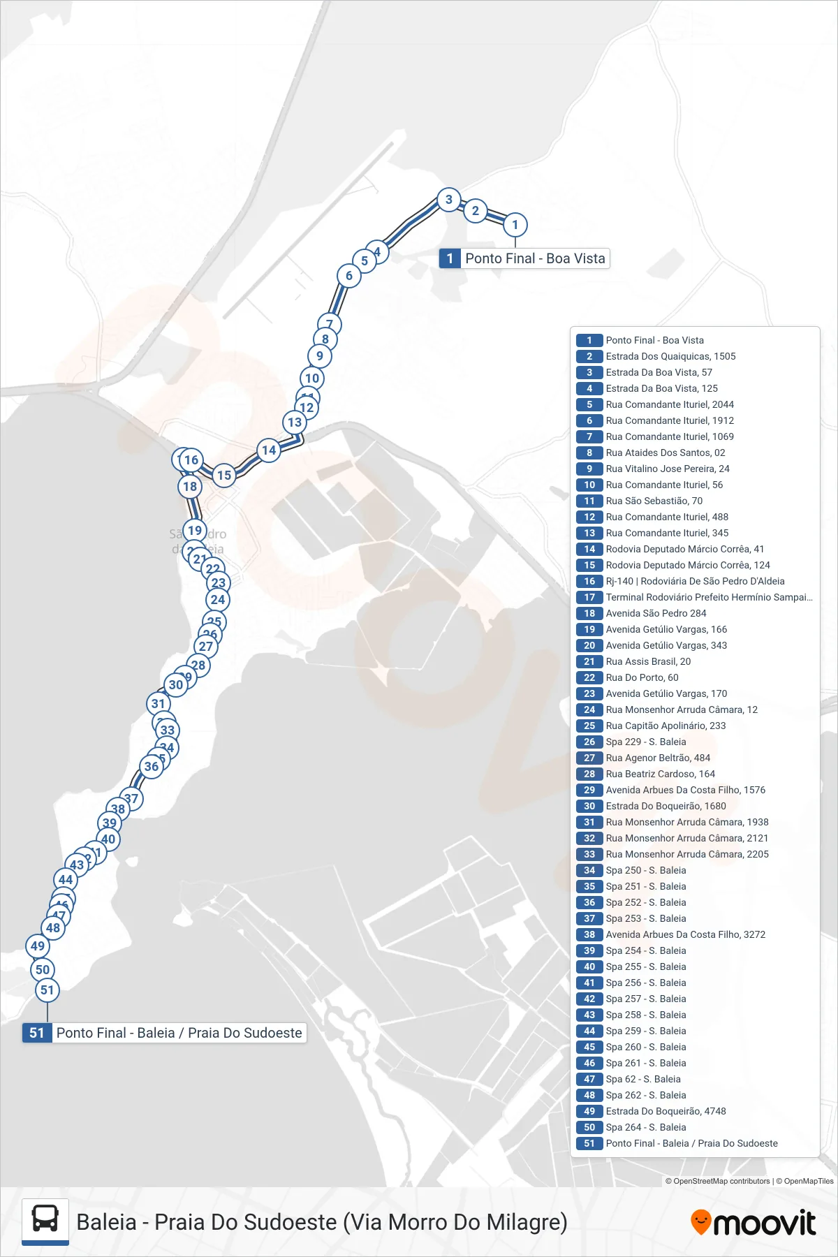 Rota e paradas da linha de ônibus 501 (Baleia - Praia Do Sudoeste (Via Morro Do Milagre)) no mapa
