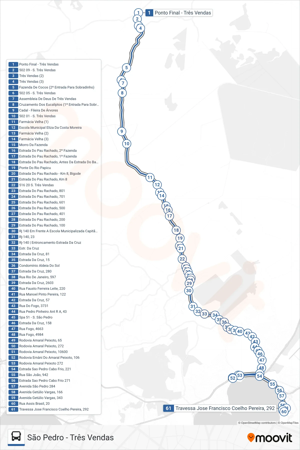 Rota e paradas da linha de ônibus 502 (São Pedro) no mapa