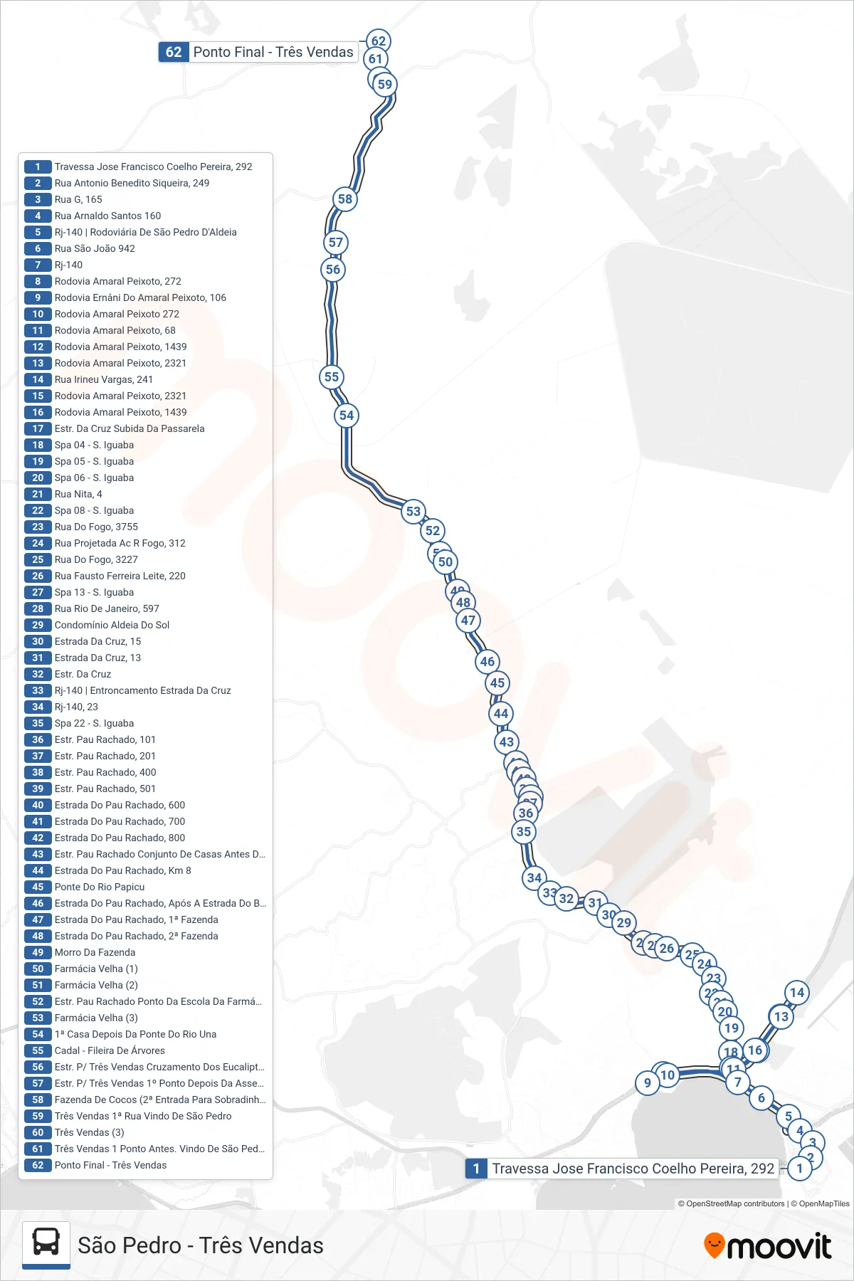 Rota e paradas da linha de ônibus 502 (Três Vendas) no mapa