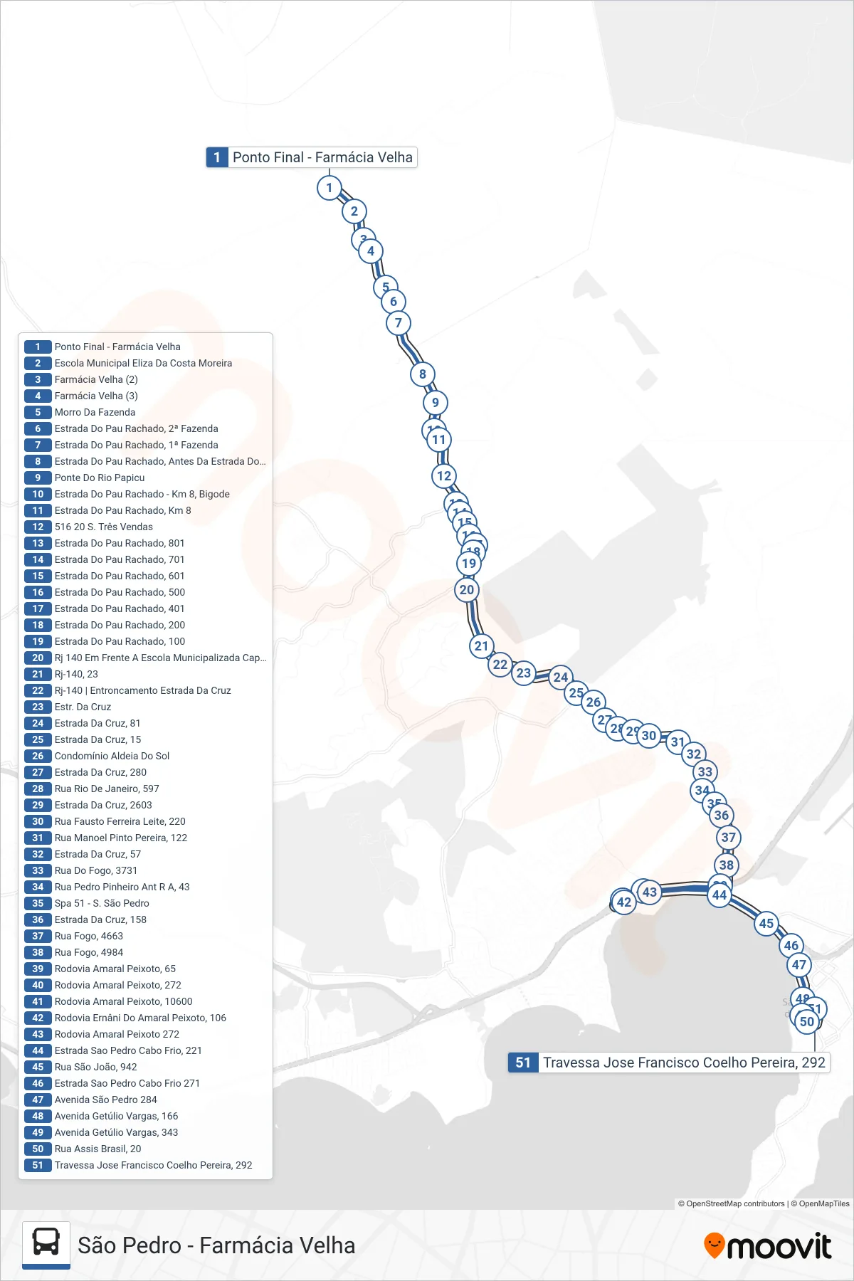 Rota e paradas da linha de ônibus 516 (São Pedro) no mapa