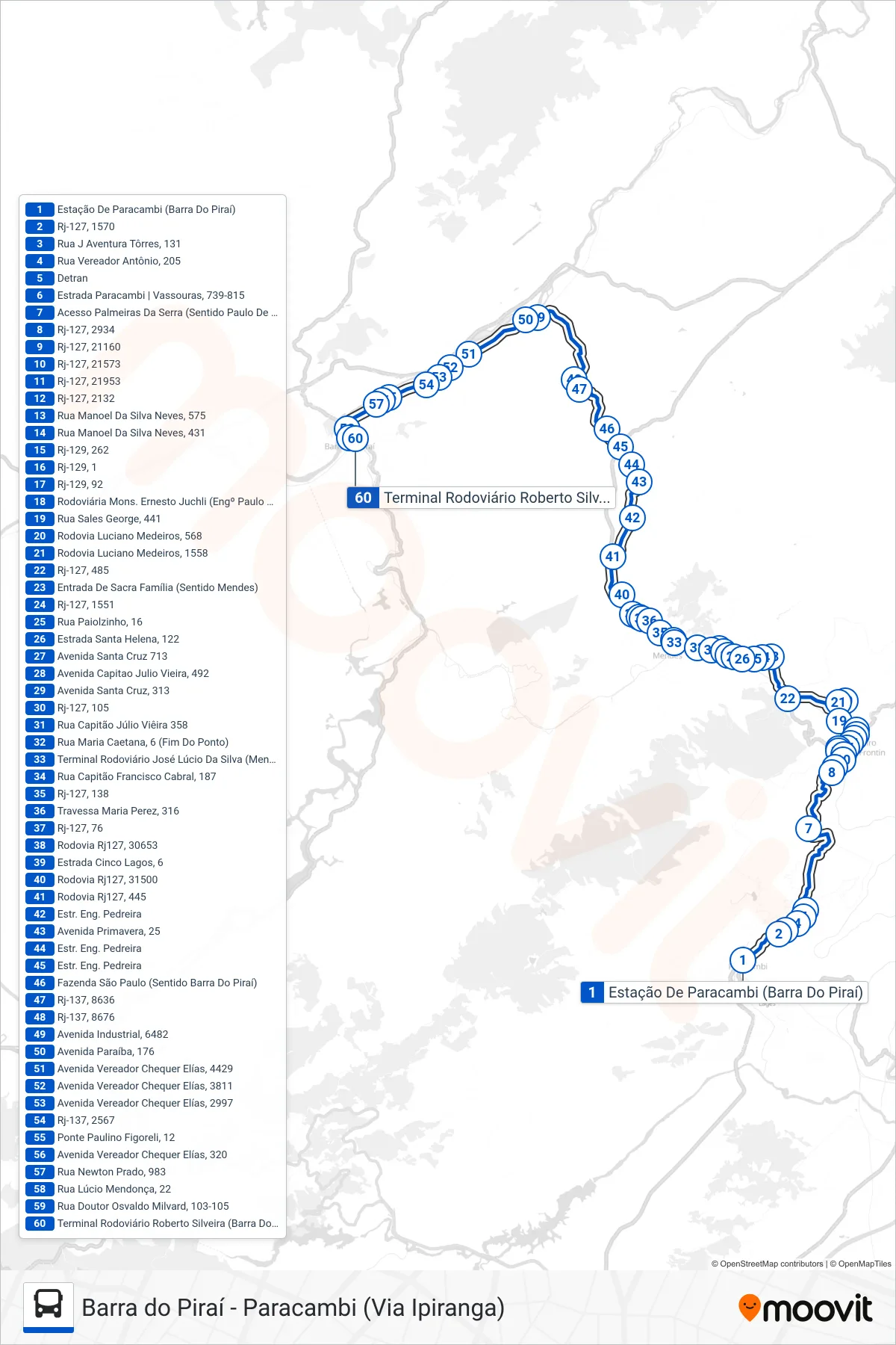 Rota e paradas da linha de ônibus MP12 (Barra do Piraí (via Ipiranga)) no mapa