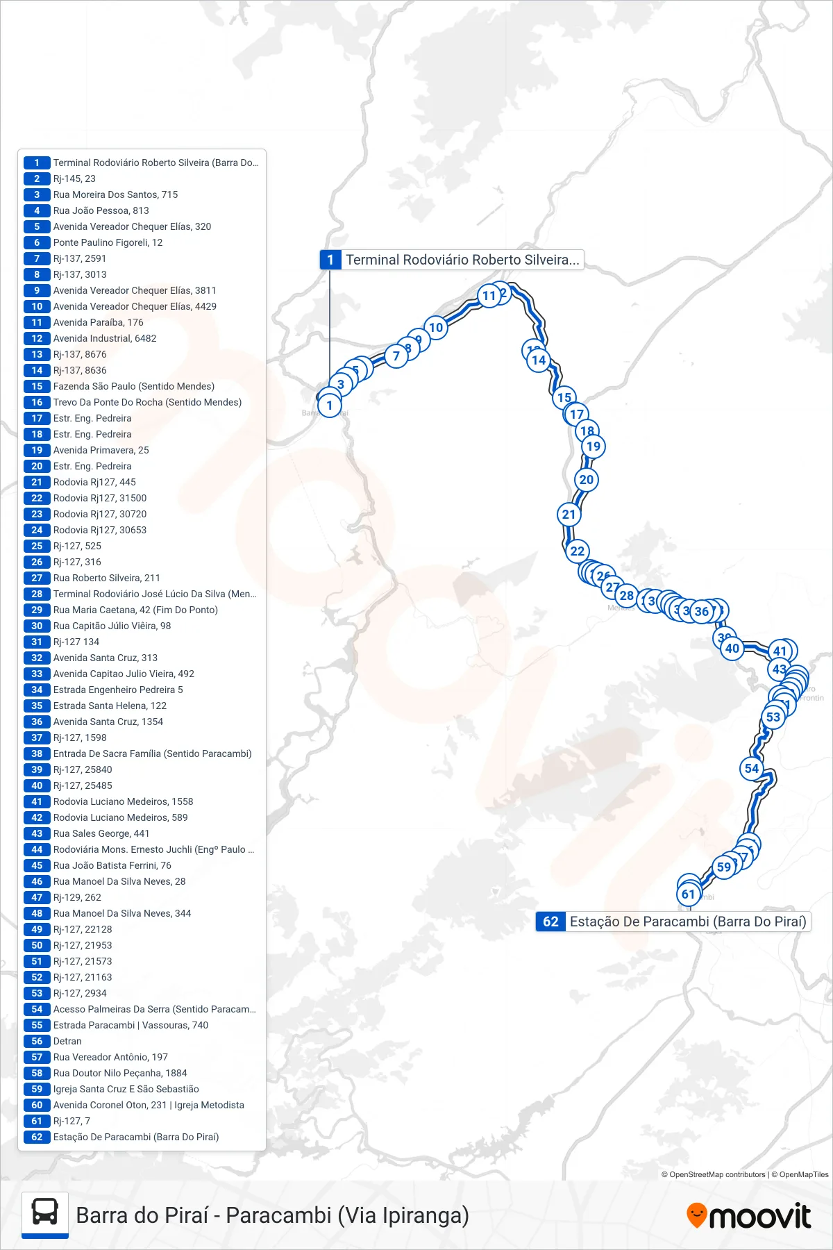 Rota e paradas da linha de ônibus  MP12  (Paracambi (via Ipiranga)) no mapa