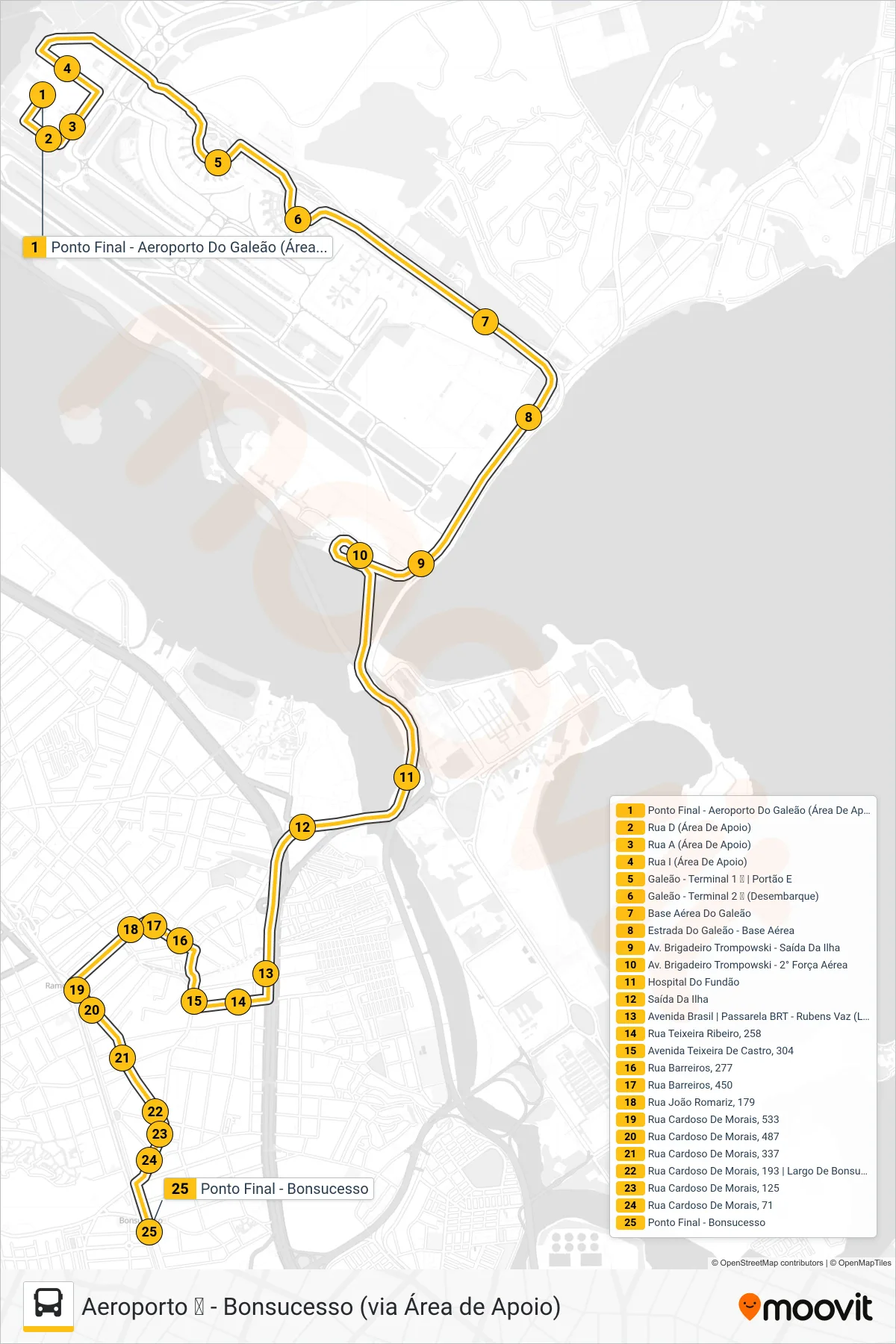 Rota e paradas da linha de ônibus 915 (Bonsucesso) no mapa