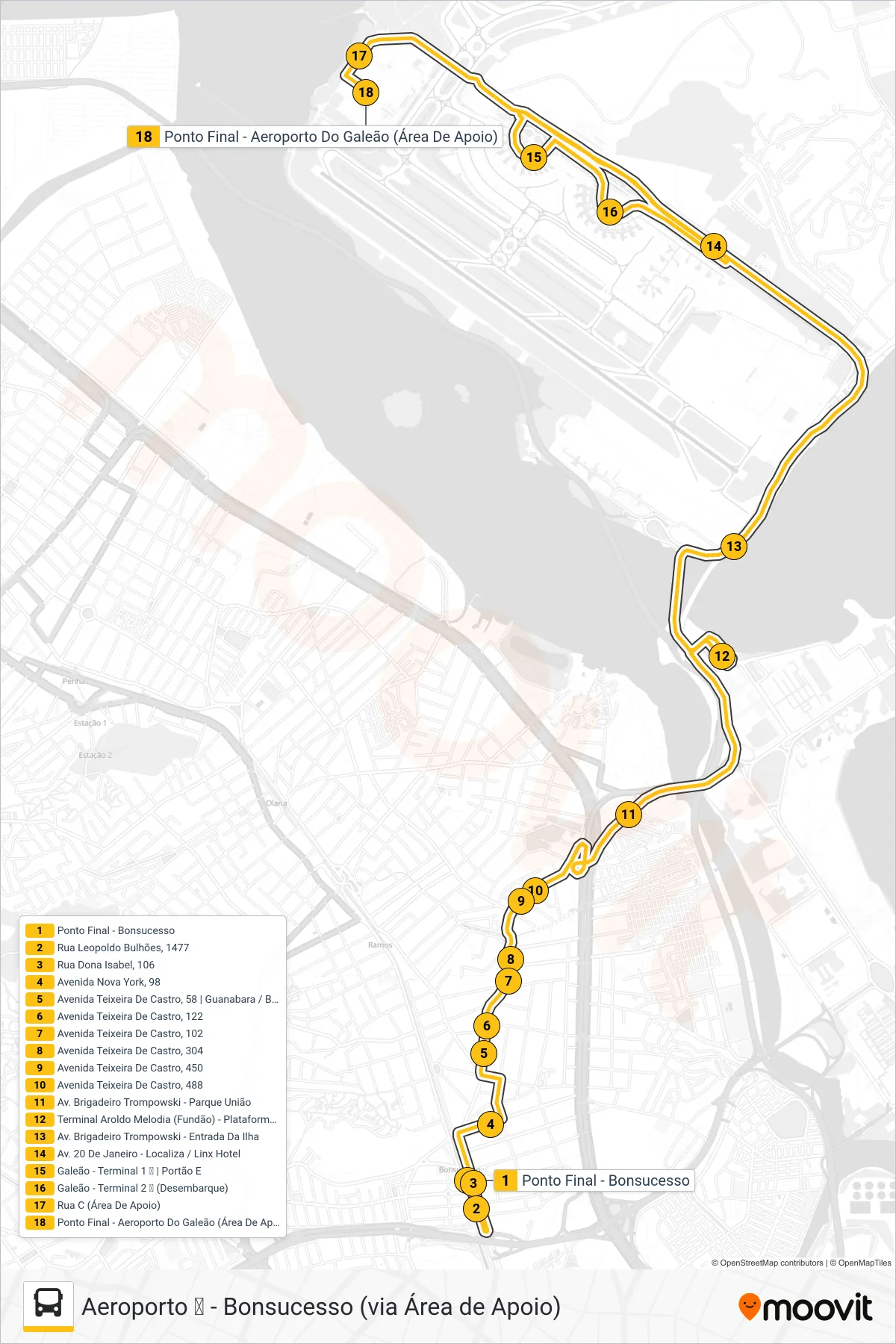Rota e paradas da linha de ônibus  915  (Aeroporto ✈) no mapa