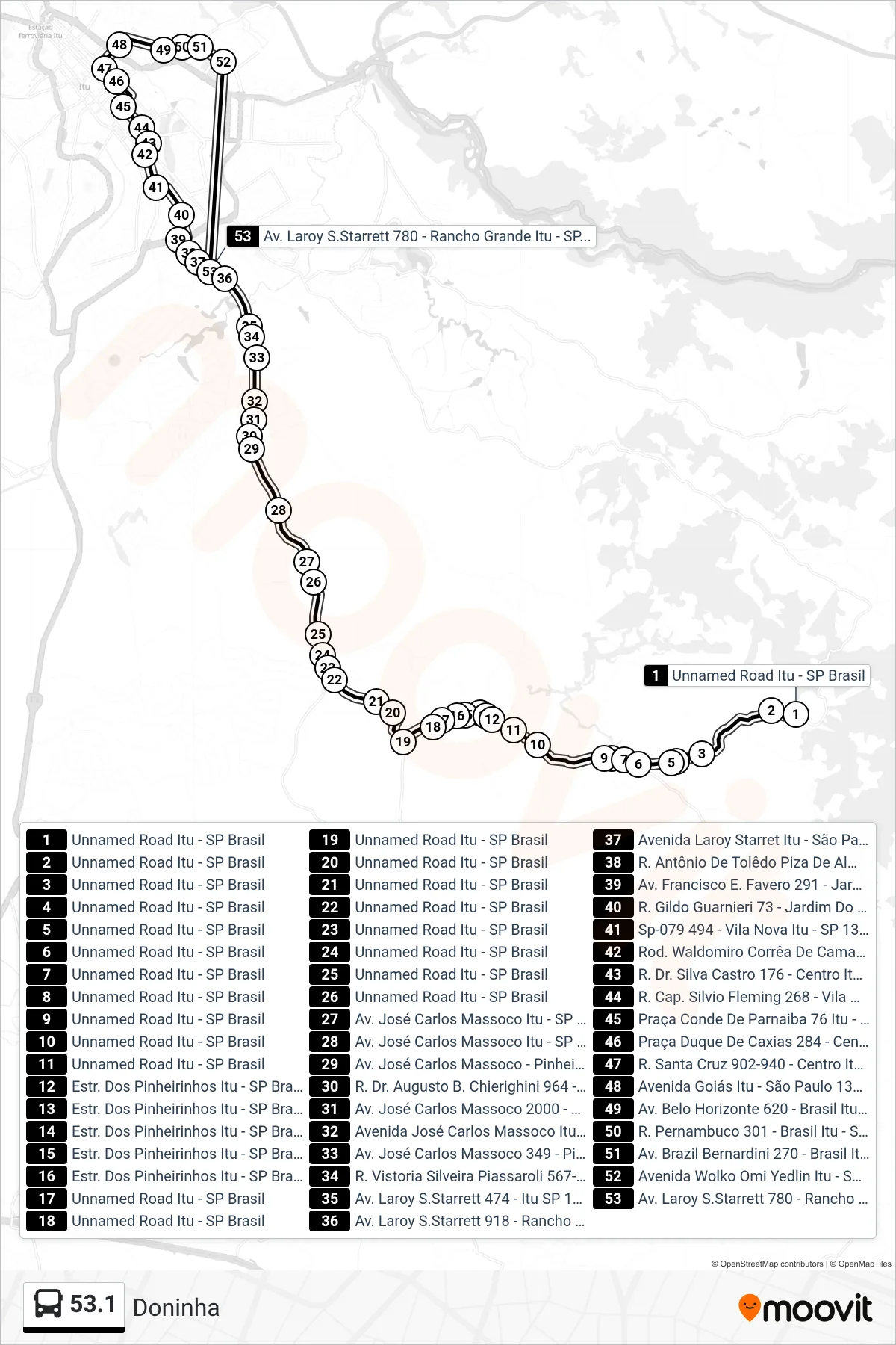 53.1 bus Line (Doninha) route and stops on a map