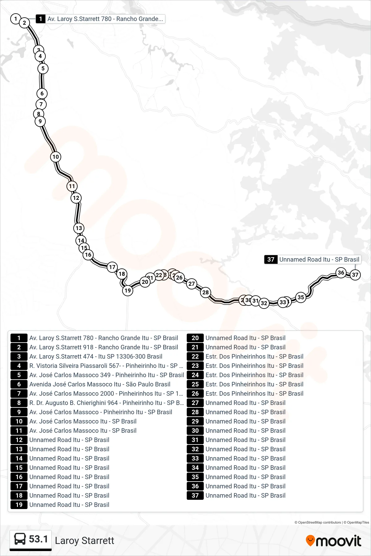 53.1 bus Line (Laroy Starrett) route and stops on a map