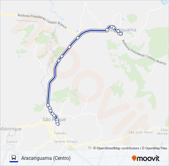 Mapa da linha 9729 ERT ARAÇARIGUAMA (CENTRO) - TERMINAL SÃO ROQUE de ônibus