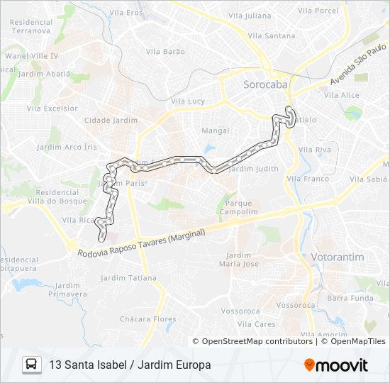 Mapa da linha 13 SANTA ISABEL / JARDIM EUROPA de ônibus