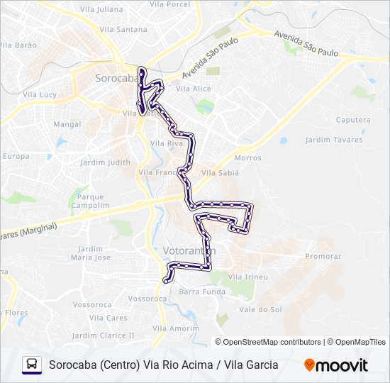 Mapa da linha 6308 VOTORANTIM - SOROCABA de ônibus