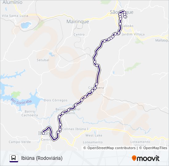 Mapa da linha 6218 IBIÚNA - SÃO ROQUE de ônibus